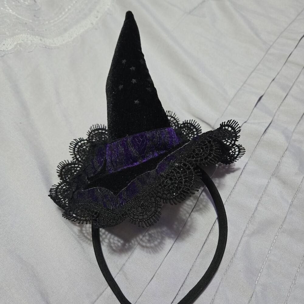 Witch Hat Headband Black and Purple velvet stars Halloween